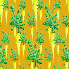 Naklejka premium Watercolor Vegan Pattern. Seamless Hand Drawn Vegetables. Healthy Food Print. Gardening Background. Greenery Repeatable Design for Menu, Restaurant, Salat Bar, Farmers Market. Carrot. Vegetarian.