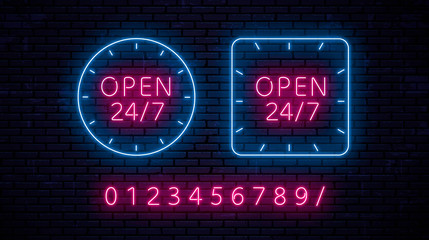 Vector set of neon signs. With the inscription - Open 24 hours a day, 7 days a week, around the clock with the ability to edit hours using a set of numbers.