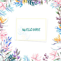 Watercolor exotic gold frame with retro style tropical leaves, flowers and toucan for wedding, invite, birthday card. Isolated illustrarion summer colors, design vertical frame on white background