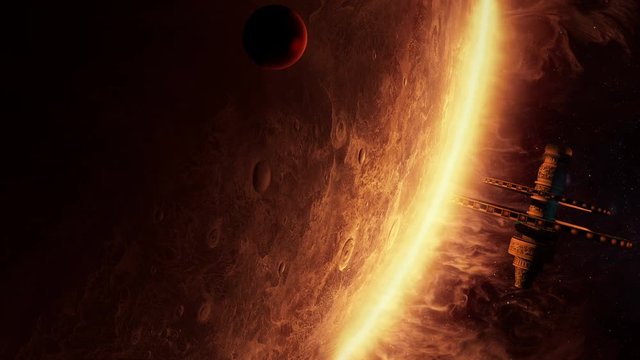 3d animation of an alien space station orbiting  a planet with amazing atmosphere