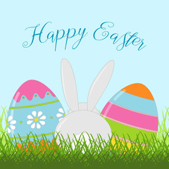 Happy Easter card with bunny and colorful Easter eggs on green spring grass. Easter background. Vector illustration.