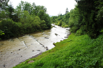 Fototapeta na wymiar dirty river. water flow picture. Creek. Carpathians. Ukraine