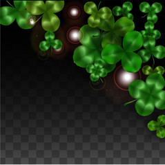 Vector Clover Leaf  Isolated on Transparent Background with Space for Text. St. Patrick's Day Illustration. Ireland's Lucky Shamrock Poster. Invintation for Concert in Pub. Top View. Success Symbols.