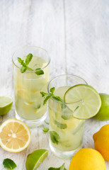 Homemade refreshing drink with lemon and lime juice and mint