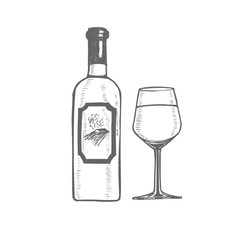 Wine Bottle and Glass in Hand Drawn Style