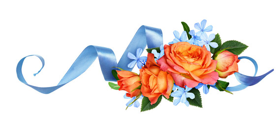 Orange roses and blue small flowers with silk ribbon in a floral arrangement