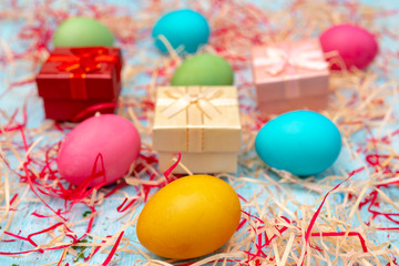 Easter eggs - greeting card of traditional Christian holiday.