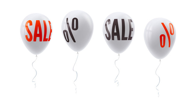 Set of colored balloons with percent and sale sign. Symbol of discount isolated on white background. Set of icons for retail, shopping, markets. White balloons floating in the air