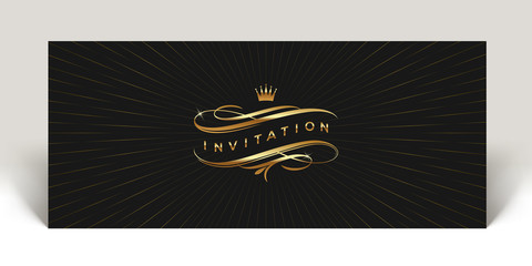Template invitation with golden flourishes elements and crown  - vector illustration