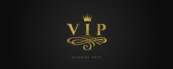 VIP - Glitter gold logo with crown and flourishes element  on black background. Vector illustration. - obrazy, fototapety, plakaty