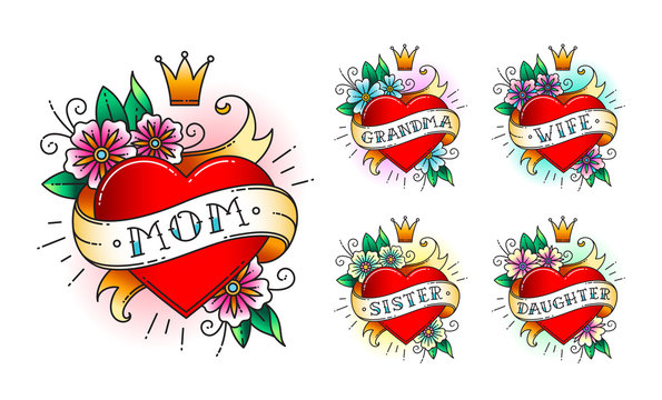 Set of Classic tattoo heart with flowers, crown and  ribbon with words -  mom, grandma, wife, sister, daughter. Classic old school American retro tattoo. Vector illustration.