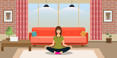 Young woman is doing yoga exercises in modern trendy design room interior. Flat style vector illustration.