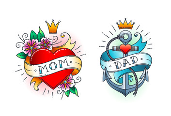 Set of Classic tattoo -  heart with flowers and word mom on ribbon. Anchor with rope and ribbon with word - dad.  Classic old school American retro tattoo. Vector illustration.
