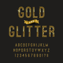 Gold and glitter typeface. Vector golden font design, alphabet, typeface, letters and numbers.  Vector illustration.