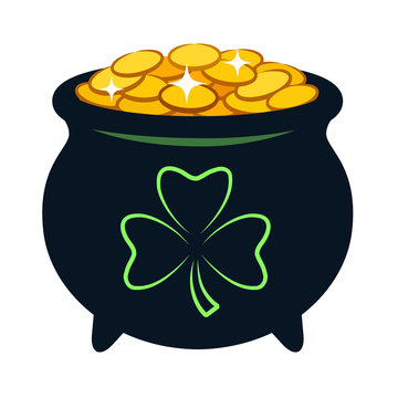 Pot of gold vector cartoon illustration. Black pot filled with sparkling golden coins, with shamrock clover sign on side. Irish, St. Patrick's Day celebration theme design element isolated on white.