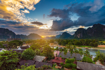 Landscape view beautiful sunset at vang vieng, Laos