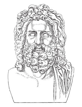 Greek sculpture head of Zeus / vintage illustration from Meyers Konversations-Lexikon 1897