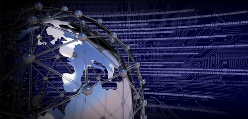 Earth globe with connection network. Dark blue background. Printed circuit and binary code.