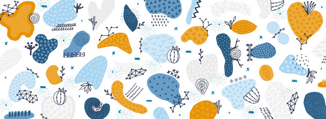 Vector abstract creative background with hand drawn elements and different textured shapes. Freehand style. Applique. Unique artistic design. Header, poster, cover, banner, card, invitation, packaging