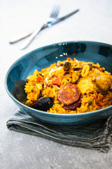 Prawn with rice - closeup of prawn with rice - traditionnal spanish food paella