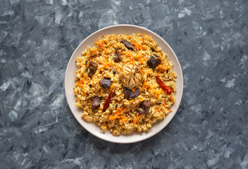 Lamb pilaf with rice. Asian cuisine. Top view.