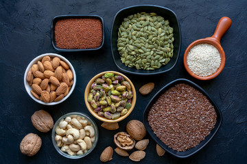 High protein seeds and nuts. Healthy food concept