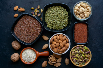 Fototapeta na wymiar High protein seeds and nuts. Healthy food concept