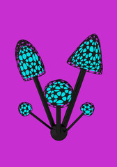 Mycelium with five mushrooms on violet background 3D illustration