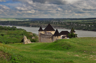 Fototapeta na wymiar Ukraine, Hotinskaya fortress in Khotyn city of Chernivtsi region under the blue sky on May 3, 2015
