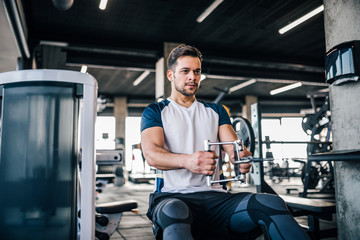 Portrait of athletic man exercising in the gym, improving his arm muscles and body.