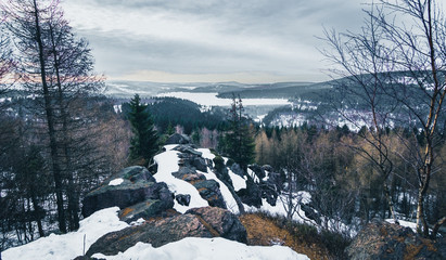 Fototapeta na wymiar Fels in Wald und Winterlandschaft