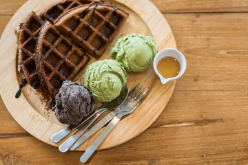 waffles with green tea and chocolate ice cream