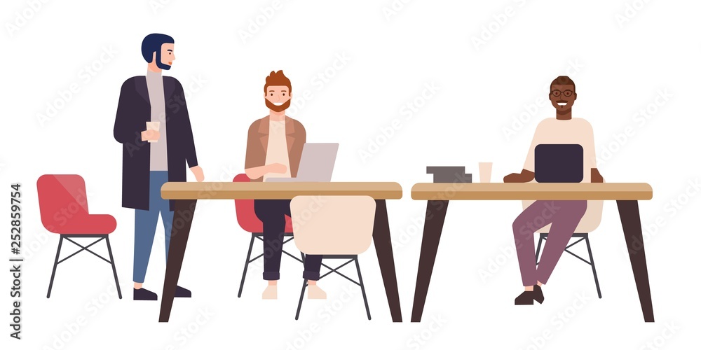 Poster smiling people or office workers sitting at tables and working on laptop computers. happy freelancer