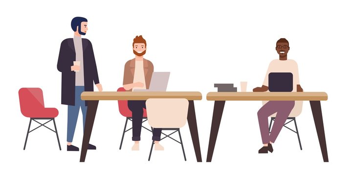 Smiling people or office workers sitting at tables and working on laptop computers. Happy freelancers in co-working area or shared workspace. Colorful vector illustration in flat cartoon style.