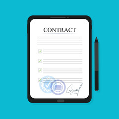 Electronic contract on the tablet, in flat style, business concept, vector