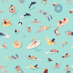 Summer seamless pattern with people swimming, diving, surfing, lying on floating air mattress, playing with ball in sea or ocean. Flat cartoon vector illustration for textile print, wrapping paper. © Good Studio