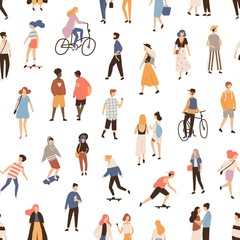 Fototapeta na wymiar Seamless pattern with people walking on street, riding bike or skateboard. Backdrop with men, women and children performing outdoor activities. Flat cartoon vector illustration for textile print.