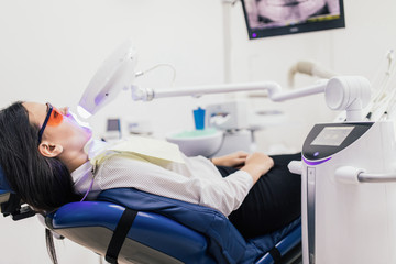 Obraz premium Portrait of a female patient at dentist in the clinic. Teeth whitening procedure with ultraviolet light UV lamp.