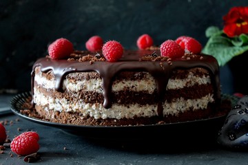 Chocolate cake with fruits on dark background. Top view with copy space.
