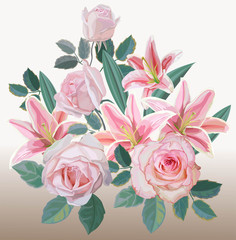 Flower bouquet with pink rose and lily vector illustration