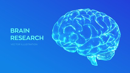 Brain. Human brain research. 3D Science and Technology concept. Neural network. IQ testing, artificial intelligence virtual emulation science technology. Brainstorm think idea. Vector illustration.
