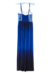 One long evening dress in dark blue on a white isolated background. Stylish fashionable dress