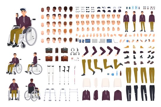 Teenage boy with physical disability creation set or constructor kit. Collection of disabled man body parts, gestures, clothing isolated on white background. Flat cartoon vector illustration.