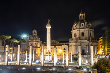 Fototapeta na wymiar View of the Trajan forum with the Church of Santa Maria di Loreto and column Trajan at night, Rome, Italy