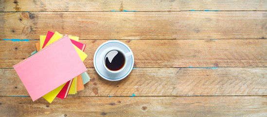 Arrangement of books, panorama format, free copy space.Reading, learning, literature concept.