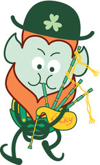 Cute Saint Patrick's Day Leprechaun with red beard, pointy ears and traditional hat and costume making a big effort to play a folkloric bagpipe
