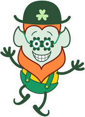 Funny Saint Patrick's Day Leprechaun with red beard, pointy ears and traditional hat and costume having fun while grinning mischievously and wearing clover glasses