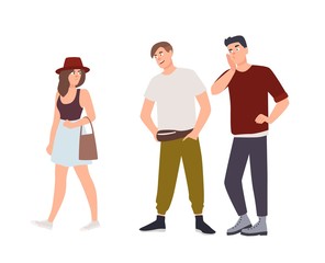 Group of men whistling and staring at young woman on street. Sexual harassment, assault and abuse incident. Abusive behavior or molestation. Molesters and victim. Flat cartoon vector illustration.