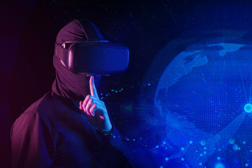 hacker with virtual reality and digital security internet global network hologram concept