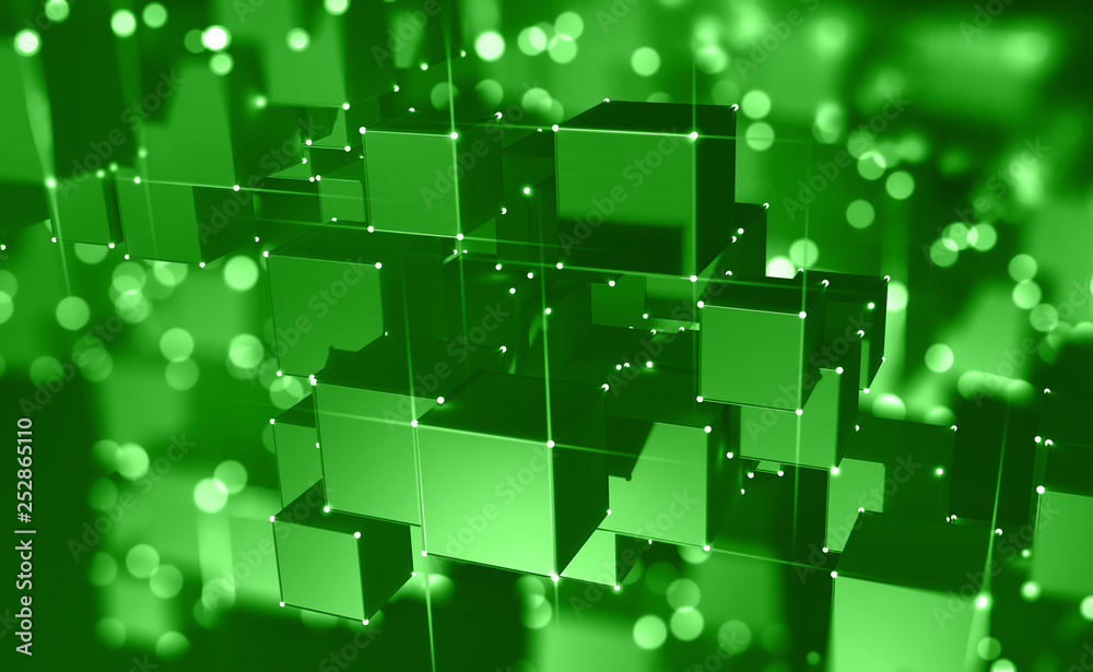 Fototapete block chain. the global architecture of the information space of the future. 3d illustration of an a